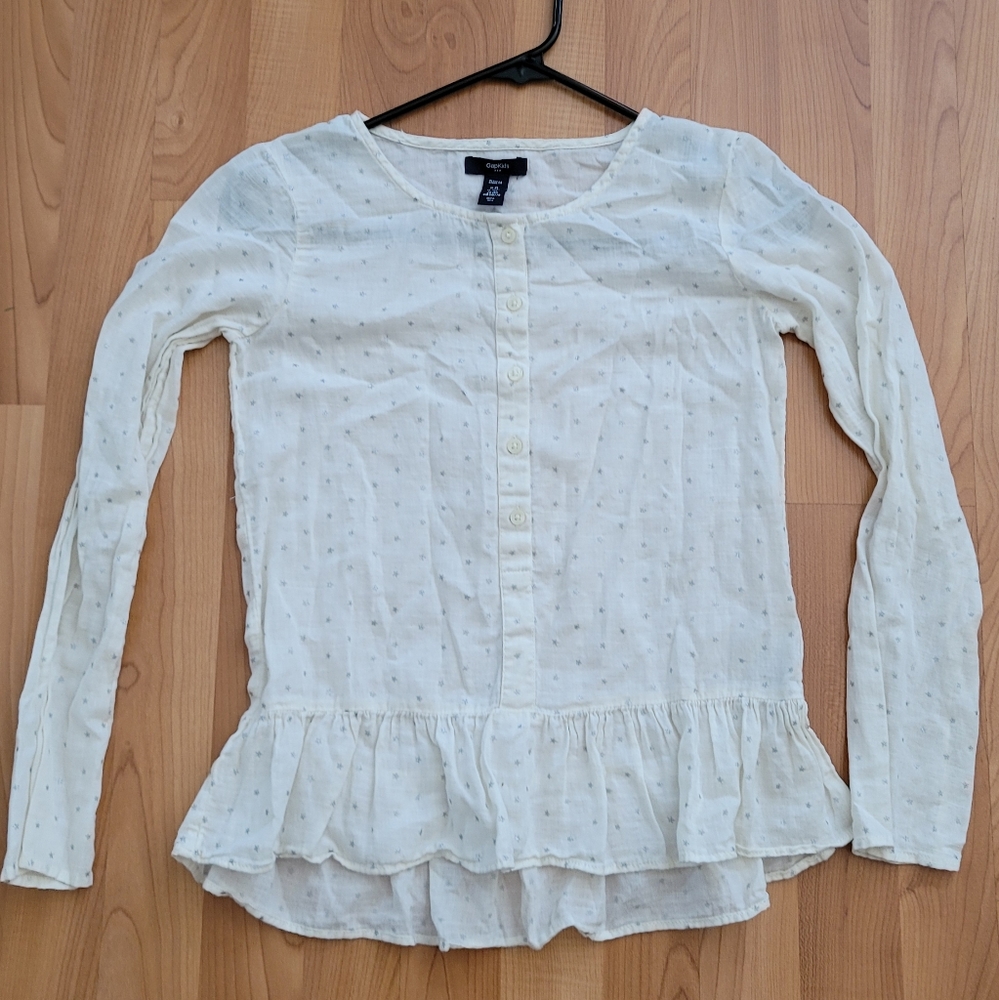 GAP Kids Girls Sz XL (12 Year) Cotton Dressy Top Blouse White W/grey Star Print